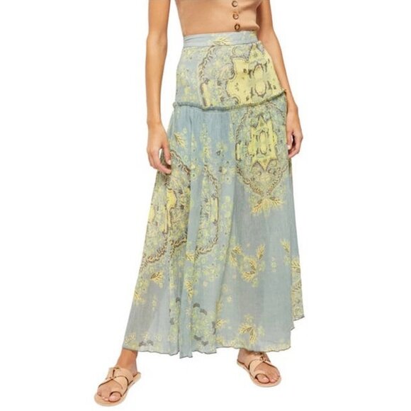 Free People Dresses & Skirts - Free People Farrah Drop Waist Cotton Maxi Skirt Blue Combo Boho Flowy Size 6